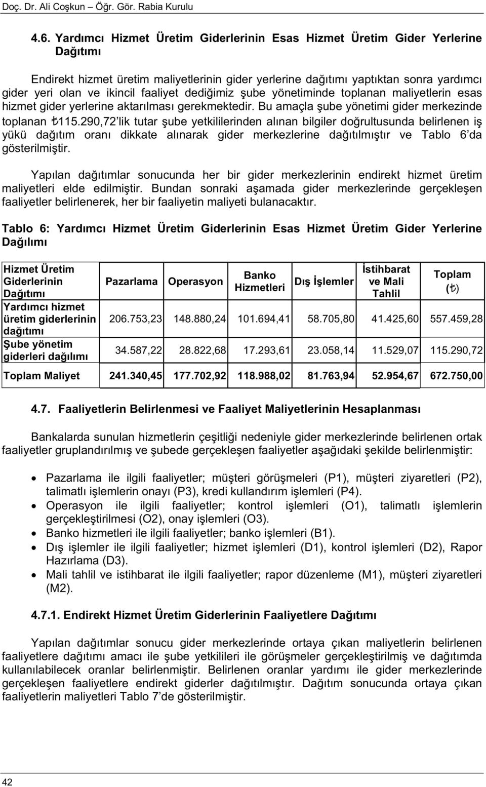 imiz ube yönetiminde toplanan maliyetlerin esas hizmet gider yerlerine aktarılması gerekmektedir. Bu amaçla ube yönetimi gider merkezinde toplanan 115.