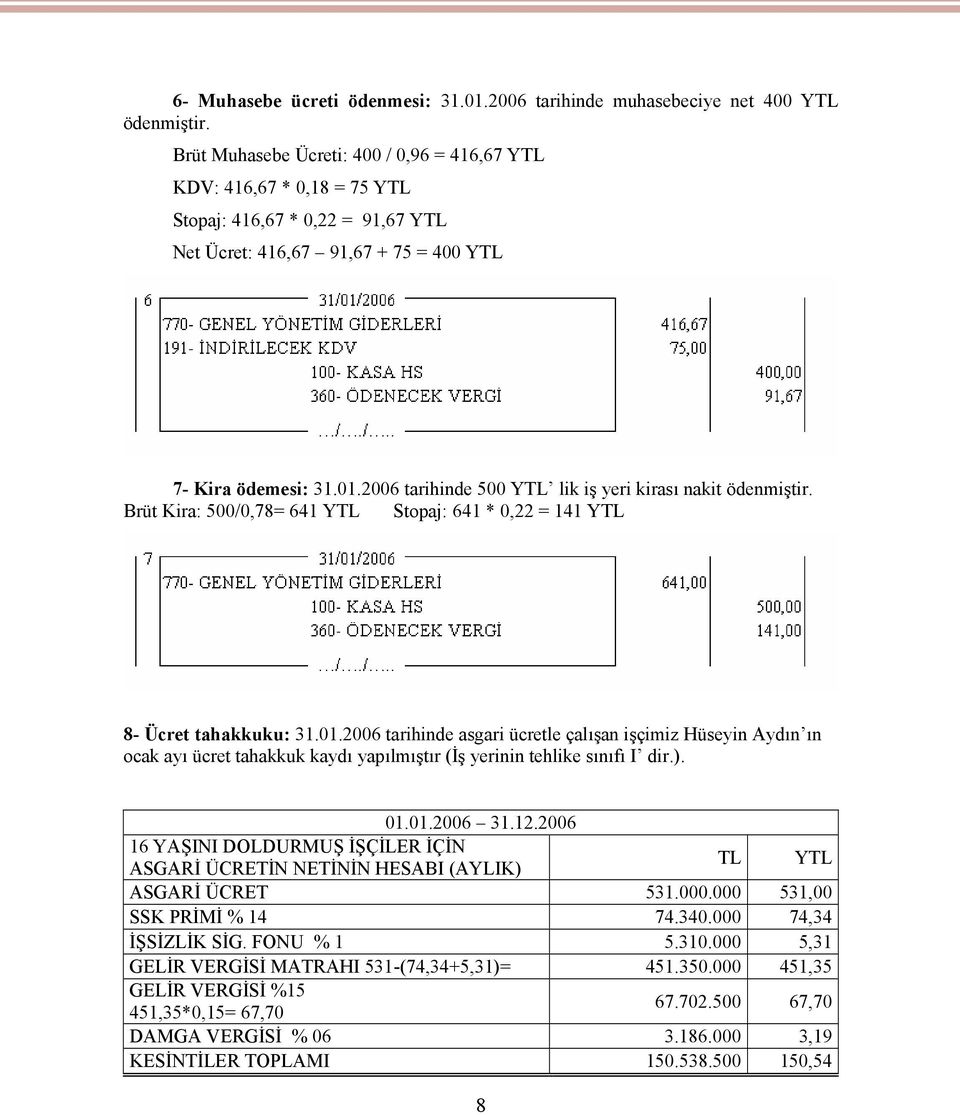 2006 tarihinde 500 YTL lik iş yeri kirası nakit ödenmiştir. Brüt Kira: 500/0,78= 641 YTL Stopaj: 641 * 0,22 = 141 YTL 8- Ücret tahakkuku: 31.01.