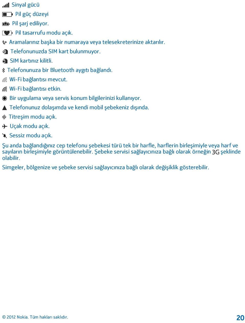 Telefonunuz dolaşımda ve kendi mobil şebekeniz dışında. Titreşim modu açık. Uçak modu açık. Sessiz modu açık.