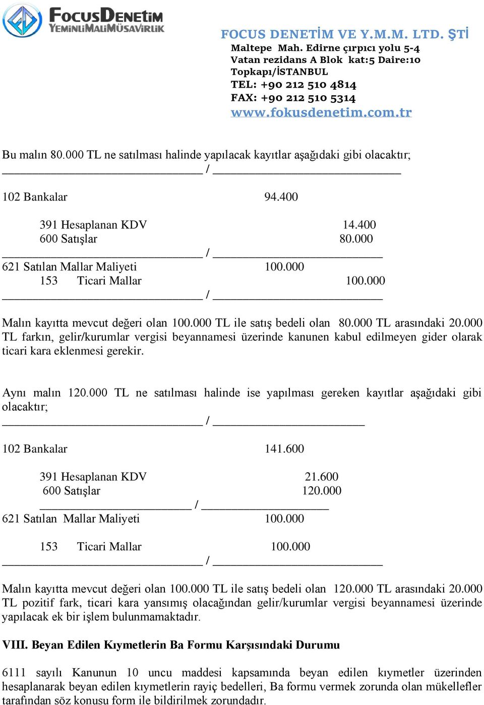 000 TL farkın, gelir/kurumlar vergisi beyannamesi üzerinde kanunen kabul edilmeyen gider olarak ticari kara eklenmesi gerekir. Aynı malın 120.