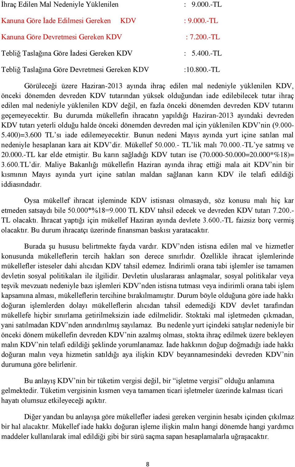 -TL Görüleceği üzere Haziran-2013 ayında ihraç edilen mal nedeniyle yüklenilen KDV, önceki dönemden devreden KDV tutarından yüksek olduğundan iade edilebilecek tutar ihraç edilen mal nedeniyle