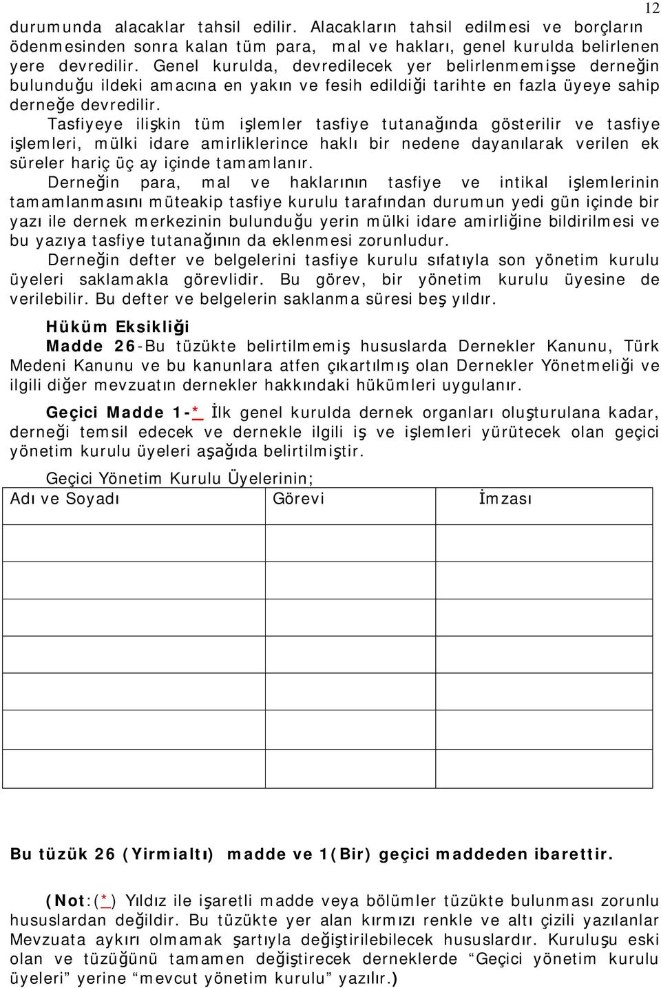 Tasfiyeye ilişkin tüm işlemler tasfiye tutanağında gösterilir ve tasfiye işlemleri, mülki idare amirliklerince haklı bir nedene dayanılarak verilen ek süreler hariç üç ay içinde tamamlanır.