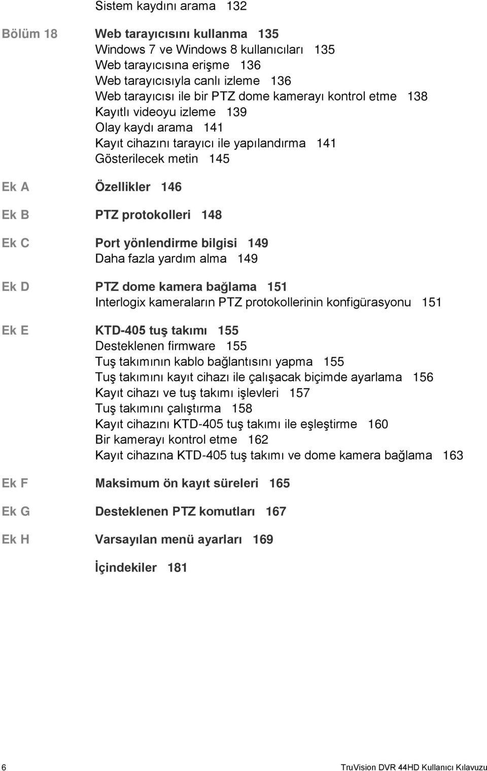 yönlendirme bilgisi 149 Daha fazla yardım alma 149 Ek D PTZ dome kamera bağlama 151 Interlogix kameraların PTZ protokollerinin konfigürasyonu 151 Ek E KTD-405 tuş takımı 155 Desteklenen firmware 155