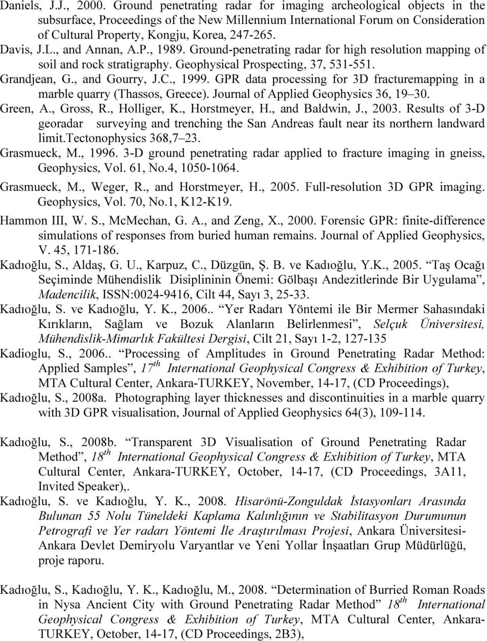 Davis, J.L., and Annan, A.P., 1989. Ground-penetrating radar for high resolution mapping of soil and rock stratigraphy. Geophysical Prospecting, 37, 531-551. Grandjean, G., and Gourry, J.C., 1999.