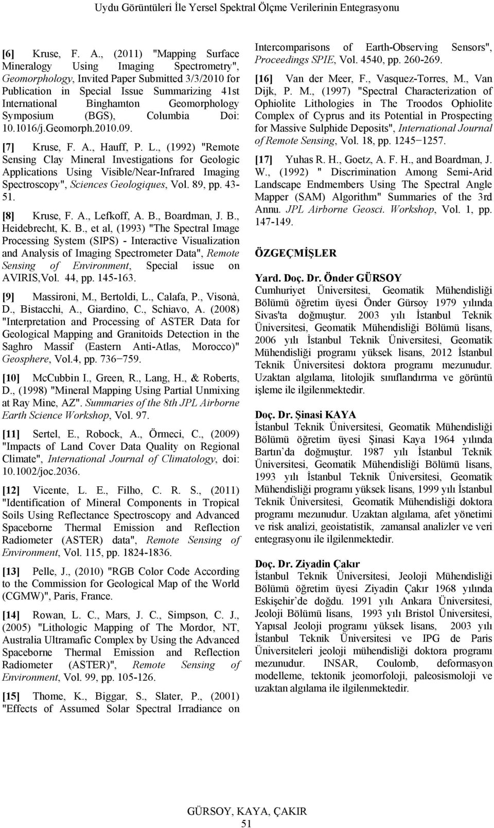 Geomorphology Symposium (BGS), Columbia Doi: 10.1016/j.Geomorph.2010.09. [7] Kruse, F. A., Hauff, P. L.