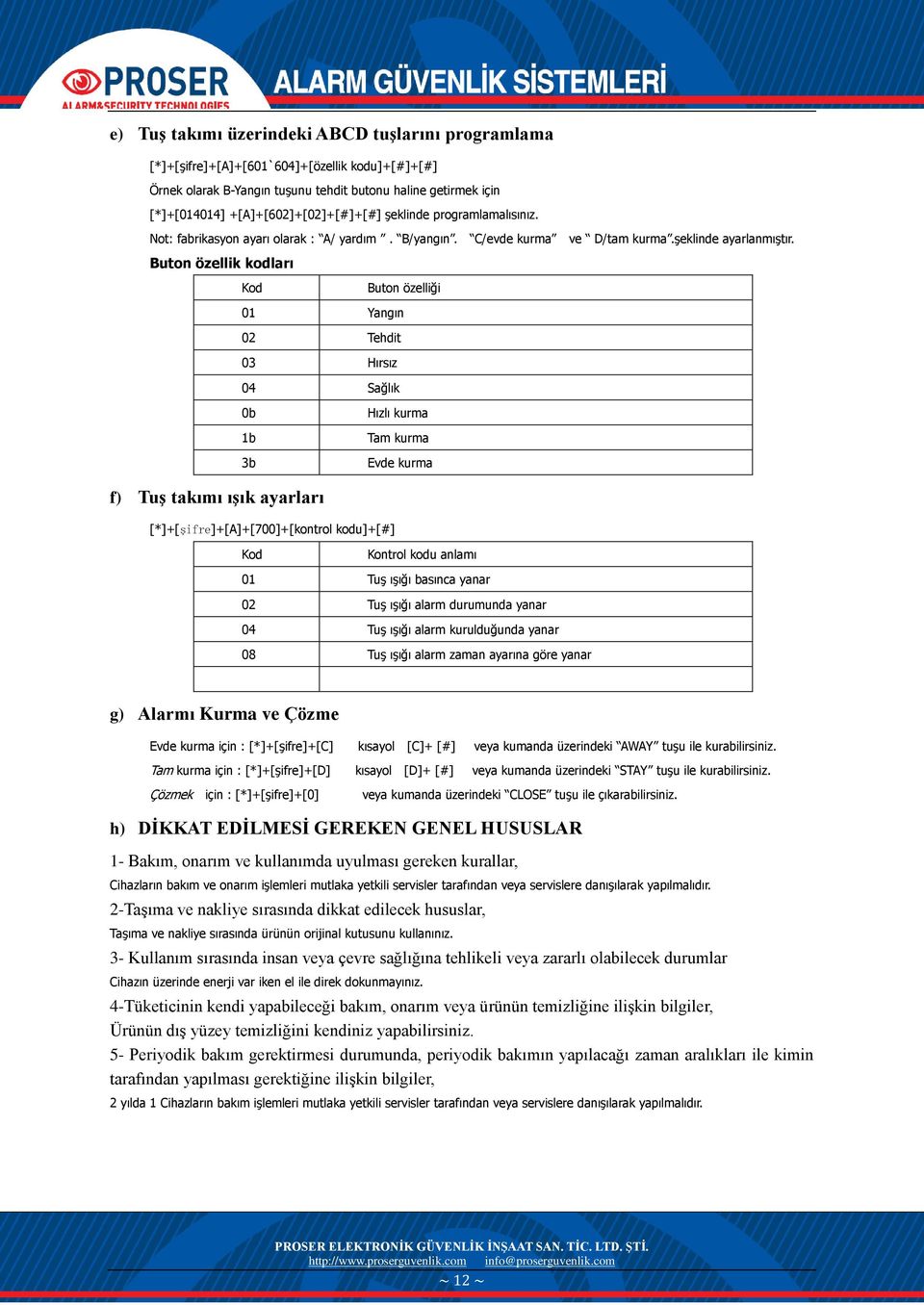 Buton özellik kodları Kod Buton özelliği 01 Yangın 02 Tehdit 03 Hır 04 Sağlık 0b 1b 3b Hızlı kurma Tam kurma Evde kurma f) Tuş takımı ışık ayarları [*]+[şifre]+[a]+[700]+[kontrol kodu]+[#] Kod