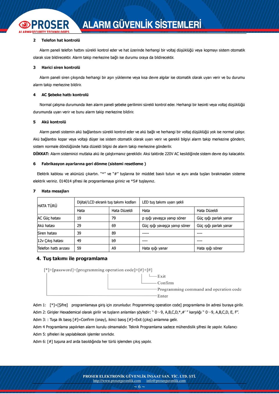 3 Harici siren kontrolü Alarm paneli siren çıkışında herhangi bir aşırı yüklenme veya kısa devre algılar ise otomatik olarak uyarı verir ve bu durumu alarm takip merkezine bildirir.