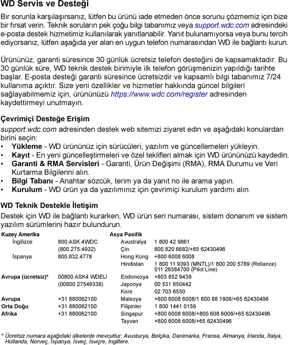 Ürününüz, garanti süresince 30 günlük ücretsiz telefon desteğini de kapsamaktadır. Bu 30 günlük süre, WD teknik destek birimiyle ilk telefon görüşmenizin yapıldığı tarihte başlar.