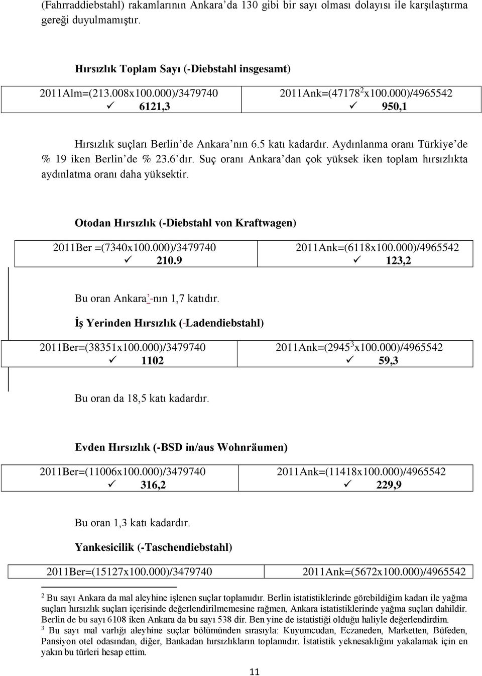 Suç oranı Ankara dan çok yüksek iken toplam hırsızlıkta aydınlatma oranı daha yüksektir. Otodan Hırsızlık (-Diebstahl von Kraftwagen) 2011Ber =(7340x100.000)/3479740 210.9 2011Ank=(6118x100.