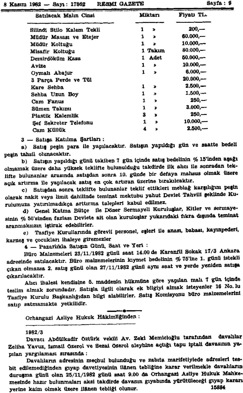 500, Cam Fanus 1» 250, Sumen Takımı 1» 3.000, Plastik Kalemlik 3» 250, Şef Sekreter Telefonu 1» 10.000, Cam Küllük 4» 2.500, 3 Satışa Katılma Şartlan : peşin tahsil a) Satıg olunacaktır.