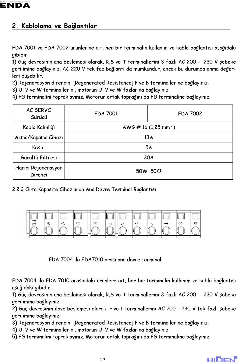 2) Rejenerasyon direncini [Regenerated Resistance] P ve terminallerine bağlayınız. 3) U, V ve W terminallerini, motorun U, V ve W fazlarına bağlayınız. 4) FG terminalini topraklayınız.