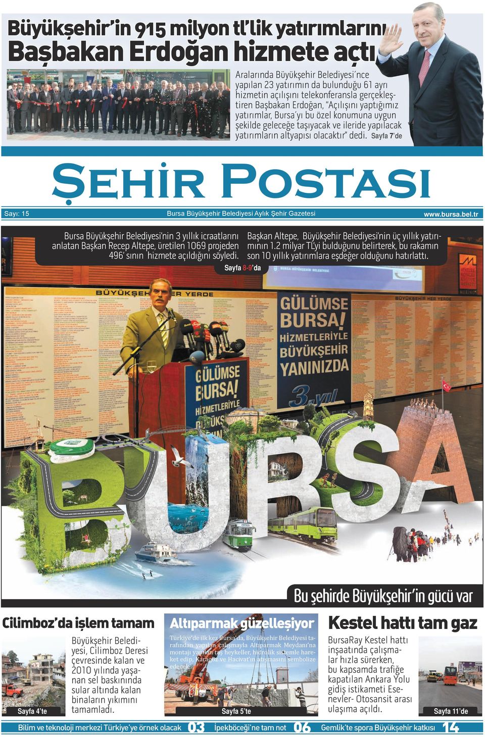 Postası Bursa Bursa Büyükşehir Belediyesi nin 3 yıllık icraatlarını anlatan Başkan Recep Altepe, üretilen 1069 projeden 496 sının hizmete aıldığını söyledi Büyükşehir Belediyesi Aylık Şehir Gazetesi