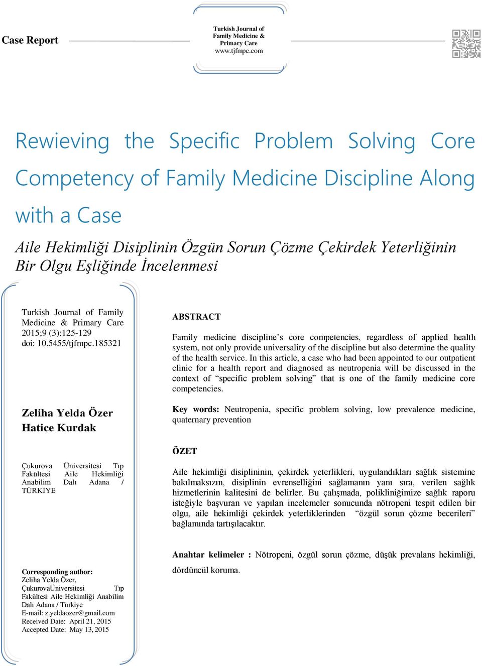 İncelenmesi Turkish Journal of Family Medicine & Primary Care 2015;9 (3):125-129 doi: 10.5455/tjfmpc.