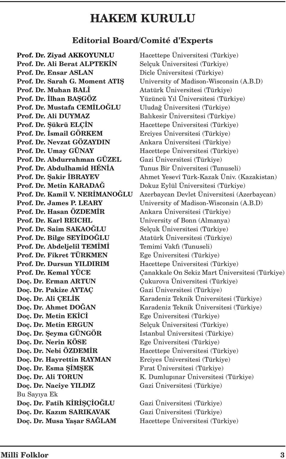 Dr. Metin KARADA Prof. Dr. Kamil V. NER MANO LU Prof. Dr. James P. LEARY Prof. Dr. Hasan ÖZDEM R Prof. Dr. Karl REICHL Prof. Dr. Saim SAKAO LU Prof. Dr. Bilge SEY DO LU Prof. Dr. Abdeljelil TEM M Prof.