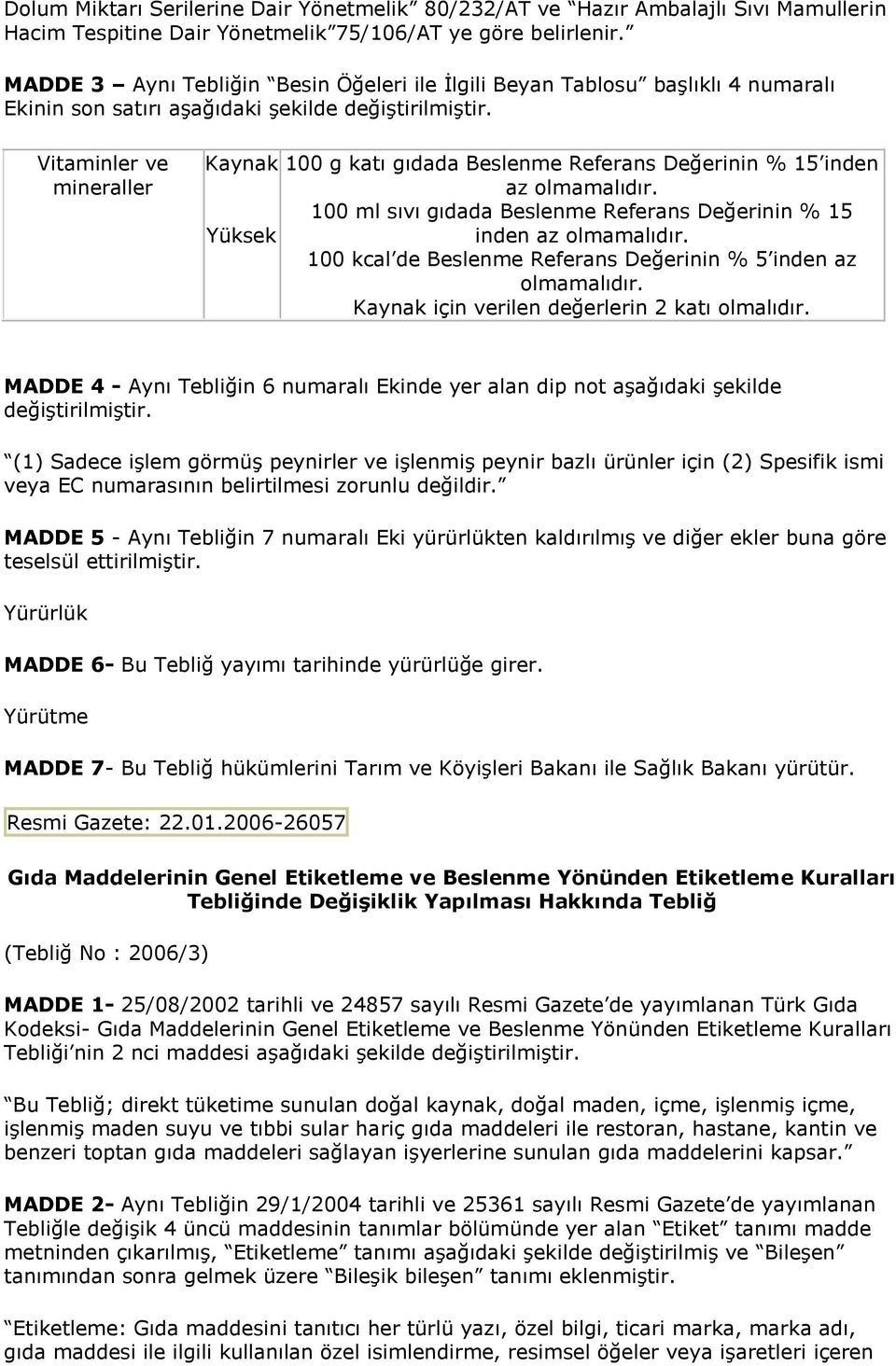 Vitaminler ve mineraller Kaynak Yüksek 100 g katı gıdada Beslenme Referans Değerinin % 15 inden az olmamalıdır. 100 ml sıvı gıdada Beslenme Referans Değerinin % 15 inden az olmamalıdır.