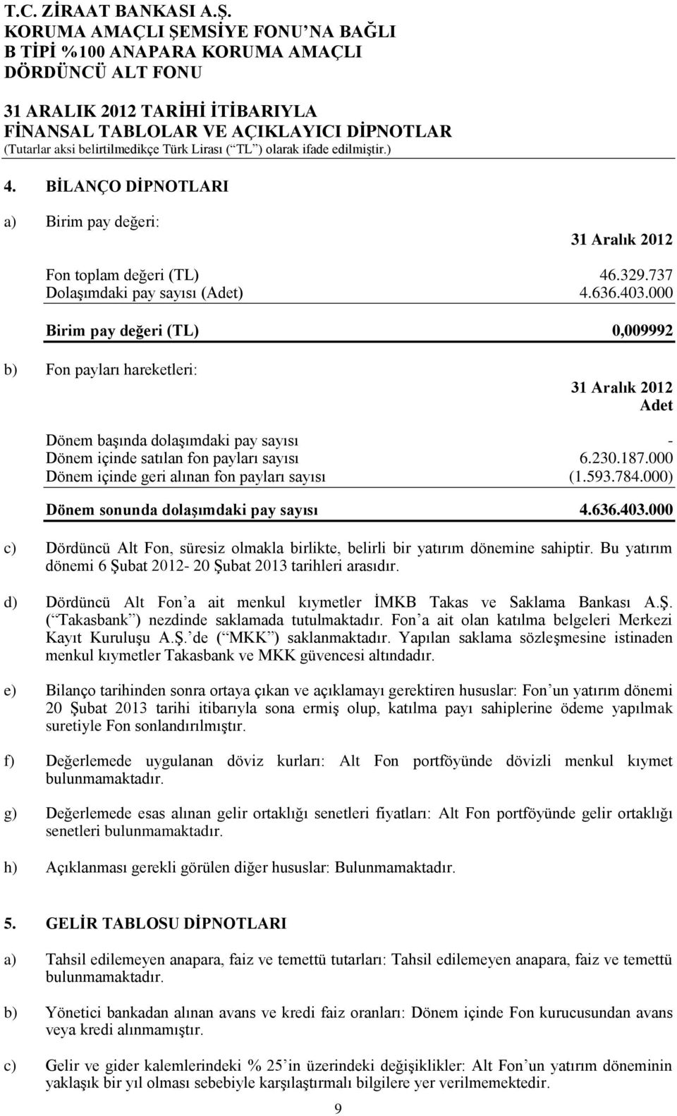 000 Dönem içinde geri alınan fon payları sayısı (1.593.784.000) Dönem sonunda dolaşımdaki pay sayısı 4.636.403.000 c) Dördüncü Alt Fon, süresiz olmakla birlikte, belirli bir yatırım dönemine sahiptir.