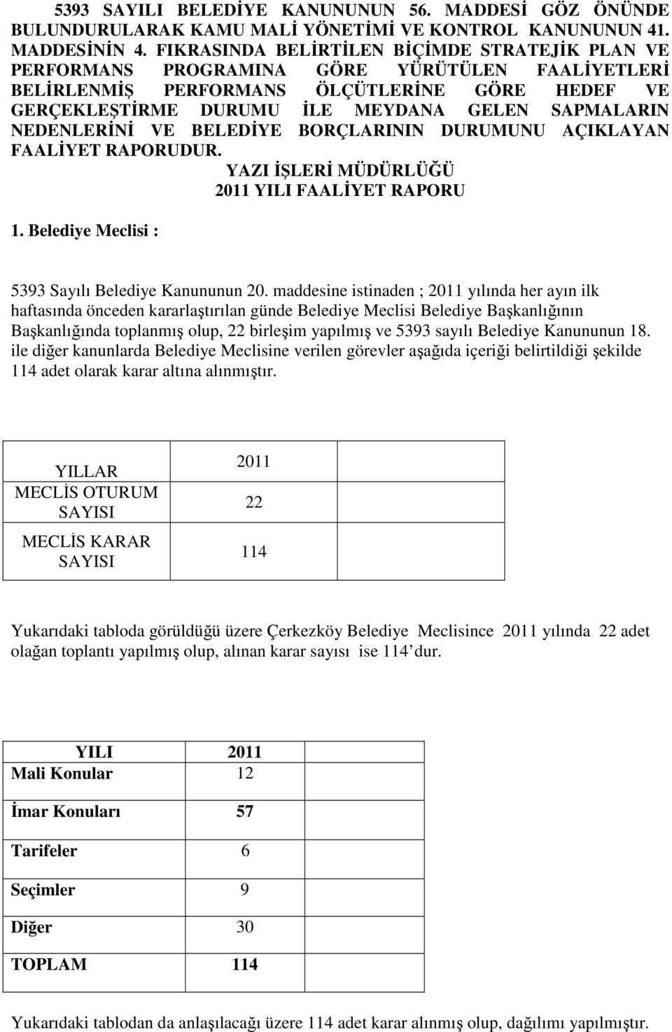 NEDENLERİNİ VE BELEDİYE BORÇLARININ DURUMUNU AÇIKLAYAN FAALİYET RAPORUDUR. YAZI İŞLERİ MÜDÜRLÜĞÜ 2011 YILI FAALİYET RAPORU 1. Belediye Meclisi : 5393 Sayılı Belediye Kanununun 20.