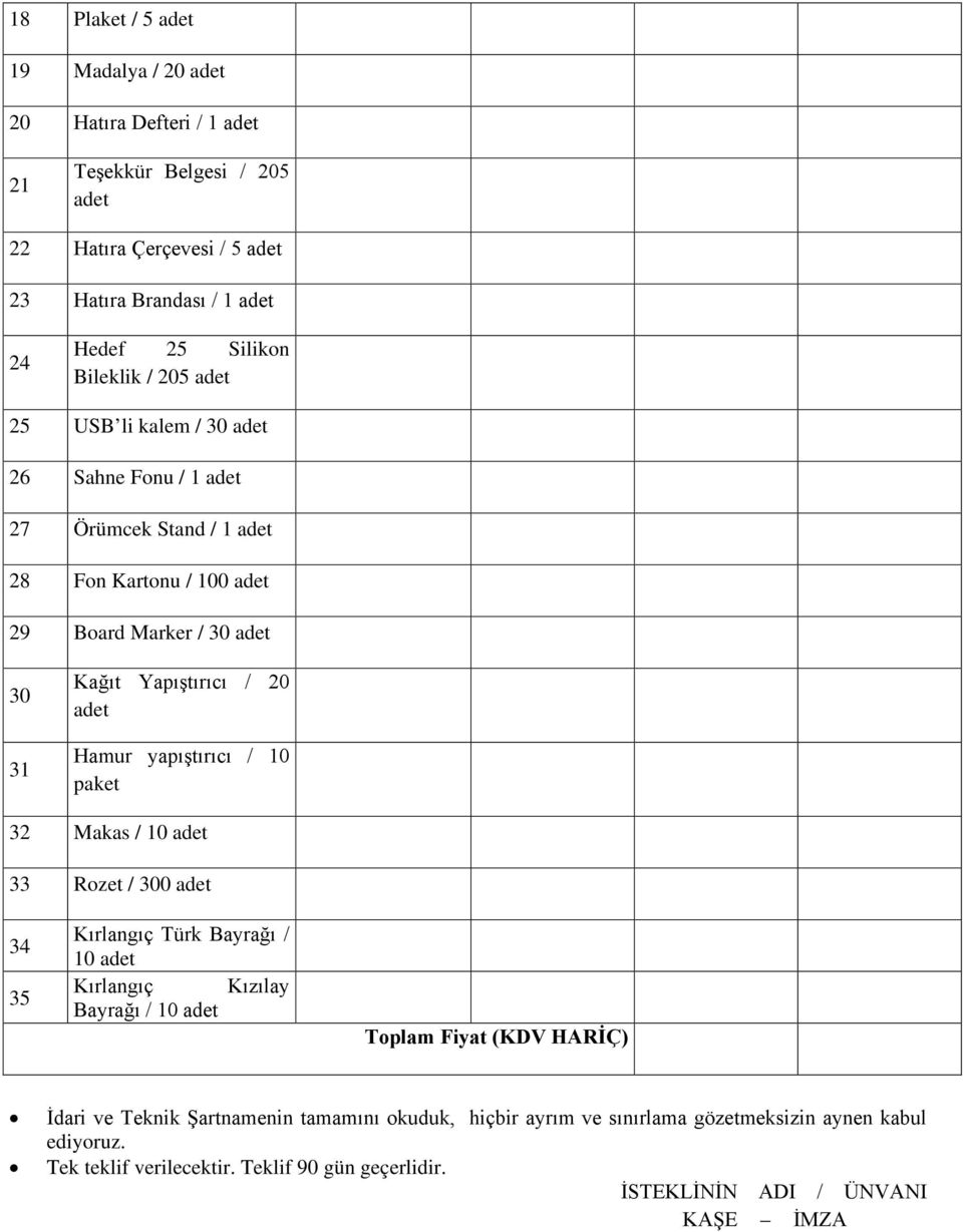 / 10 paket 32 Makas / 10 adet 33 Rozet / 300 adet 34 35 Kırlangıç Türk Bayrağı / 10 adet Kırlangıç Kızılay Bayrağı / 10 adet Toplam Fiyat (KDV HARİÇ) İSTEKLİNİN ADI / ÜNVANI İdari ve