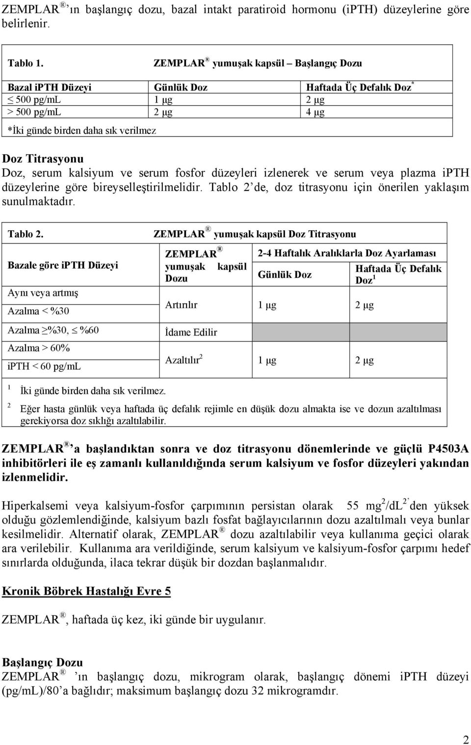 kalsiyum ve serum fosfor düzeyleri izlenerek ve serum veya plazma ipth düzeylerine göre bireyselleştirilmelidir. Tablo 2 