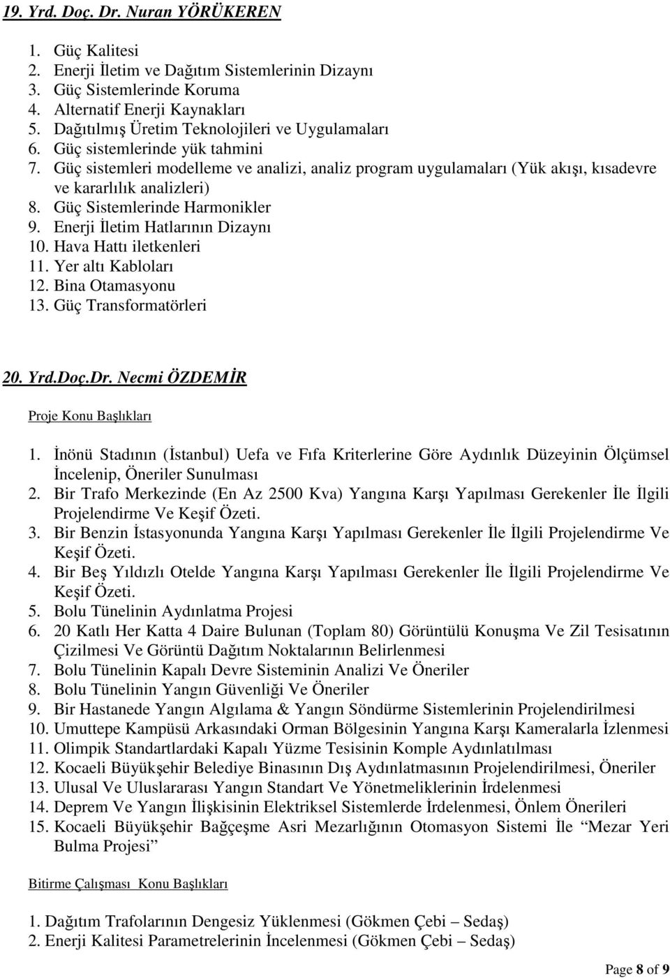 Güç Sistemlerinde Harmonikler 9. Enerji Đletim Hatlarının Dizaynı 10. Hava Hattı iletkenleri 11. Yer altı Kabloları 12. Bina Otamasyonu 13. Güç Transformatörleri 20. Yrd.Doç.Dr.