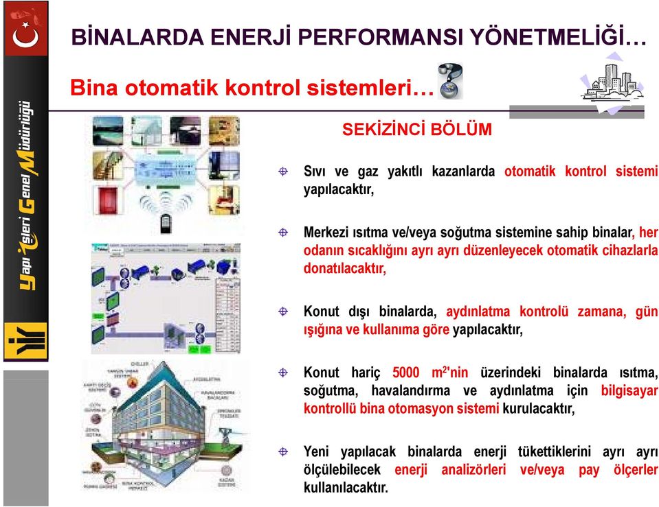 gün ışığına ve kullanıma göre yapılacaktır, Konut hariç 5000 m 2 'nin üzerindeki binalarda ısıtma, soğutma, havalandırma ve aydınlatma için bilgisayar