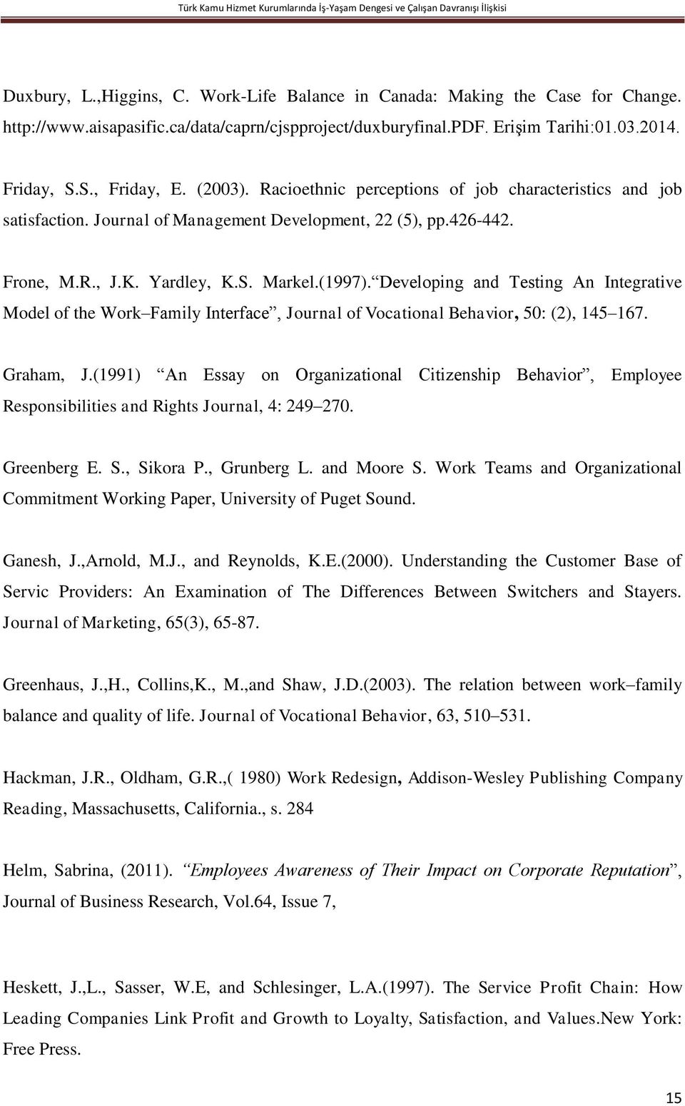 Journal of Management Development, 22 (5), pp.426-442. Frone, M.R., J.K. Yardley, K.S. Markel.(1997).