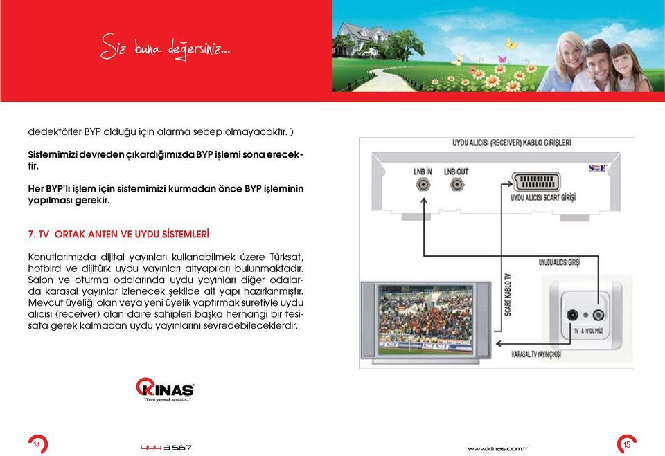 TV ORTAK ANTEN VE UYDU SİSTEMLERİ 6 Konutlarımızda dijital yayınları kullanabilmek üzere Türksat, hotbird ve dijitürk uydu yayınları altyapıları bulunmaktadır.