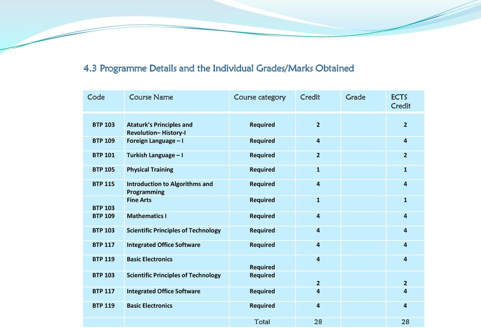 Programming Fine Arts Required 1 1 BTP 103 BTP 109 Mathematics I Required 4 4 BTP 103 Scientific Principles of Technology Required 4 4 BTP 117 Integrated Office Software Required 4 4