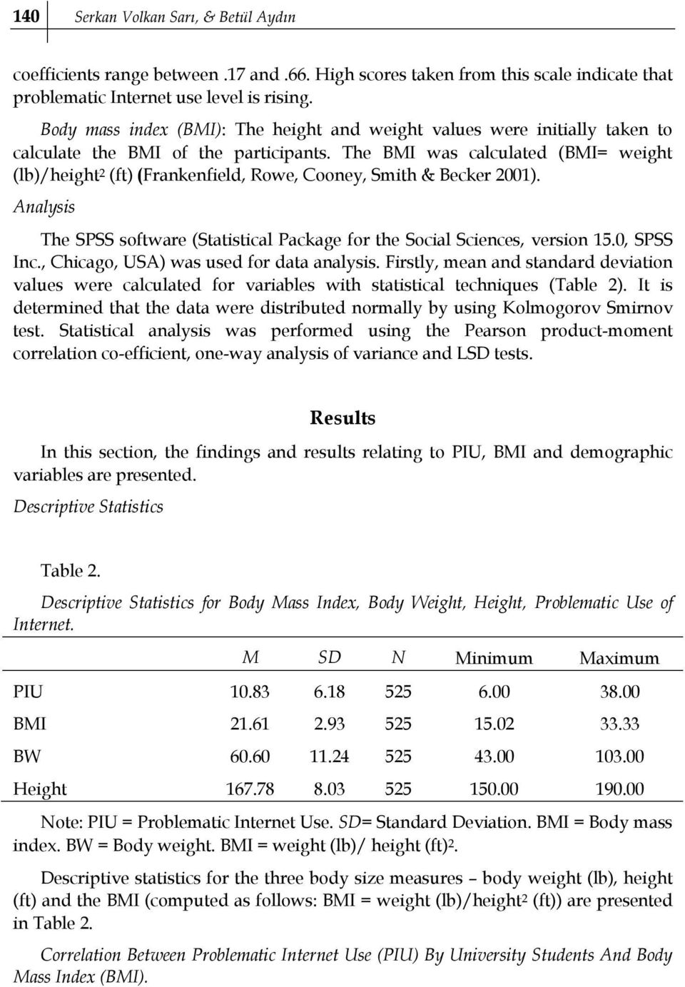 The BMI was calculated (BMI= weight (lb)/height 2 (ft) (Frankenfield, Rowe, Cooney, Smith & Becker 2001). Analysis The SPSS software (Statistical Package for the Social Sciences, version 15.