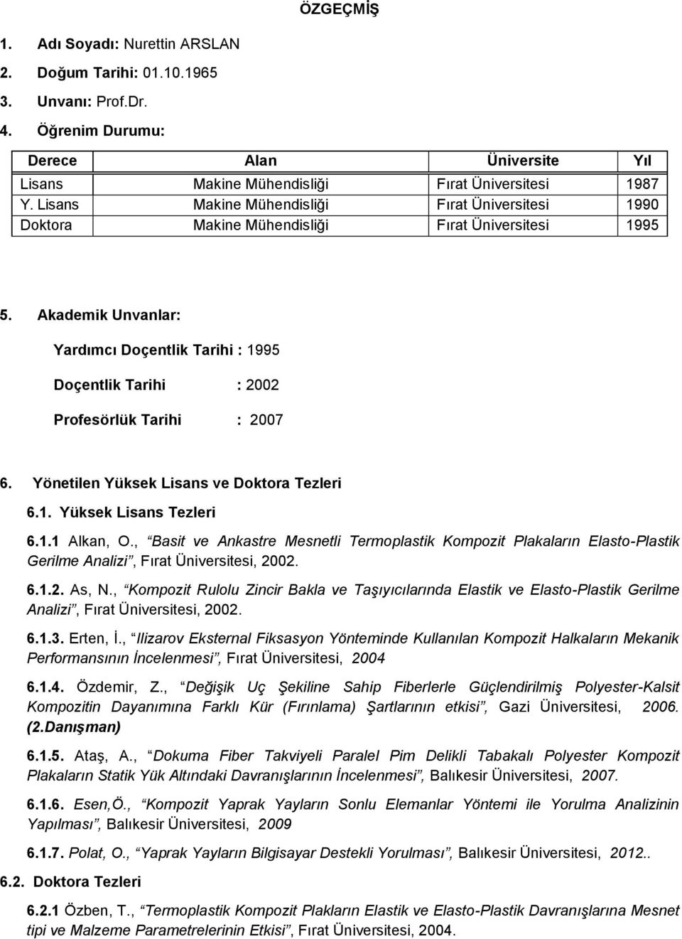 Akademik Unvanlar: Yardımcı Doçentlik Tarihi : 1995 Doçentlik Tarihi : 2002 Profesörlük Tarihi : 2007 6. Yönetilen Yüksek Lisans ve Doktora Tezleri 6.1. Yüksek Lisans Tezleri 6.1.1 Alkan, O.