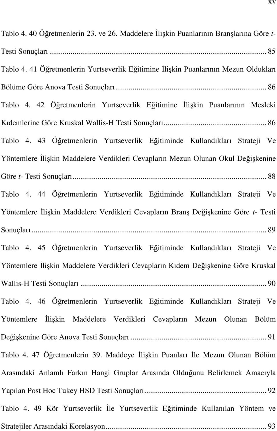 42 Öğretmenlerin Yurtseverlik Eğitimine Đlişkin Puanlarının Mesleki Kıdemlerine Göre Kruskal Wallis-H Testi Sonuçları... 86 Tablo 4.