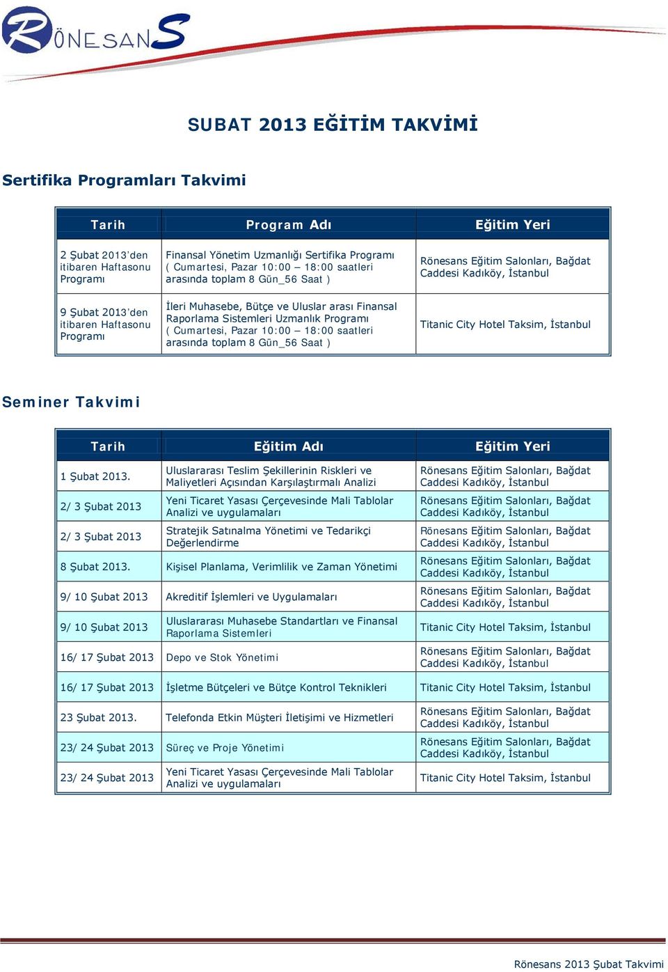 Cumartesi, Pazar 10:00 18:00 saatleri arasında toplam 8 Gün_56 Saat ) Rönesans Eğitim Salonları, Bağdat Caddesi Kadıköy, İstanbul Titanic City Hotel Taksim, İstanbul Seminer Takvimi Tarih Eğitim Adı