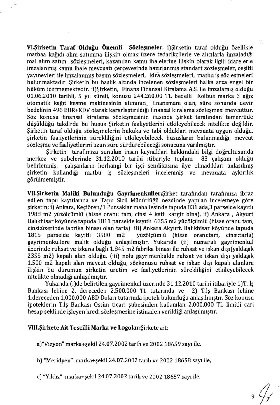 s6zle~meleri, matbu i~ s6zle~meleri bulunmaktadlr. Sirketin'bu ba~hk altmda ineelenen s6zle~meleri halka arza engel bir hiikiim i~ermemektedir. ii)sirketin, Finans Finansal Kiralama A.S. ile imzalaml~ oldugu 01.