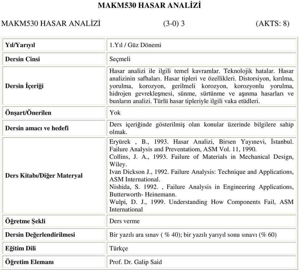 Türlü hasar tipleriyle ilgili vaka etüdleri. Eryürek, B., 1993. Hasar Analizi, Birsen Yayınevi, İstanbul. Failure Analysis and Preventatiom, ASM Vol. 11, 1990. Collins, J. A., 1993. Failure of Materials in Mechanical Design, Wiley.