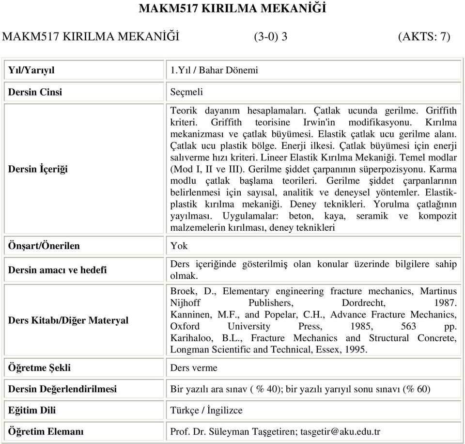 Çatlak büyümesi için enerji salıverme hızı kriteri. Lineer Elastik Kırılma Mekaniği. Temel modlar (Mod I, II ve III). Gerilme şiddet çarpanının süperpozisyonu. Karma modlu çatlak başlama teorileri.