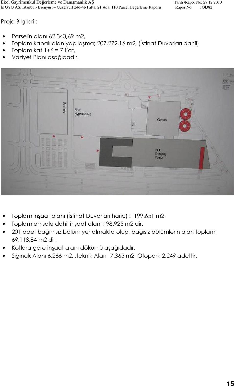 Toplam inşaat alanı (İstinat Duvarları hariç) : 199.651 m2, Toplam emsale dahil inşaat alanı : 98.925 m2 dir.