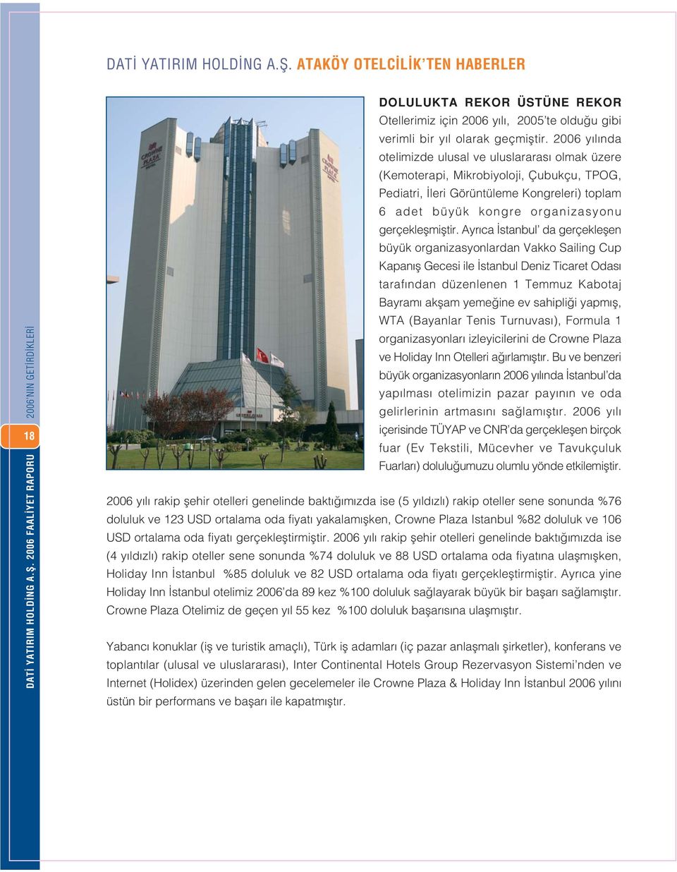 2006 yılında otelimizde ulusal ve uluslararası olmak üzere (Kemoterapi, Mikrobiyoloji, Çubukçu, TPOG, Pediatri, İleri Görüntüleme Kongreleri) toplam 6 adet büyük kongre organizasyonu gerçekleșmiștir.