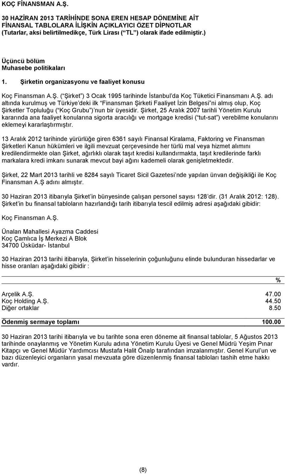 Şirket, 25 Aralık 2007 tarihli Yönetim Kurulu kararında ana faaliyet konularına sigorta aracılığı ve mortgage kredisi ( tut-sat ) verebilme konularını eklemeyi kararlaştırmıştır.