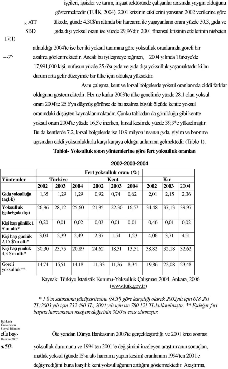 2001 fınansal krizinin etkilerinin nisbeten atlatıldığı 2004'te ise her iki yoksul tanımına göre yoksulluk oranlarında göreli bir azalma gözlenmektedir.