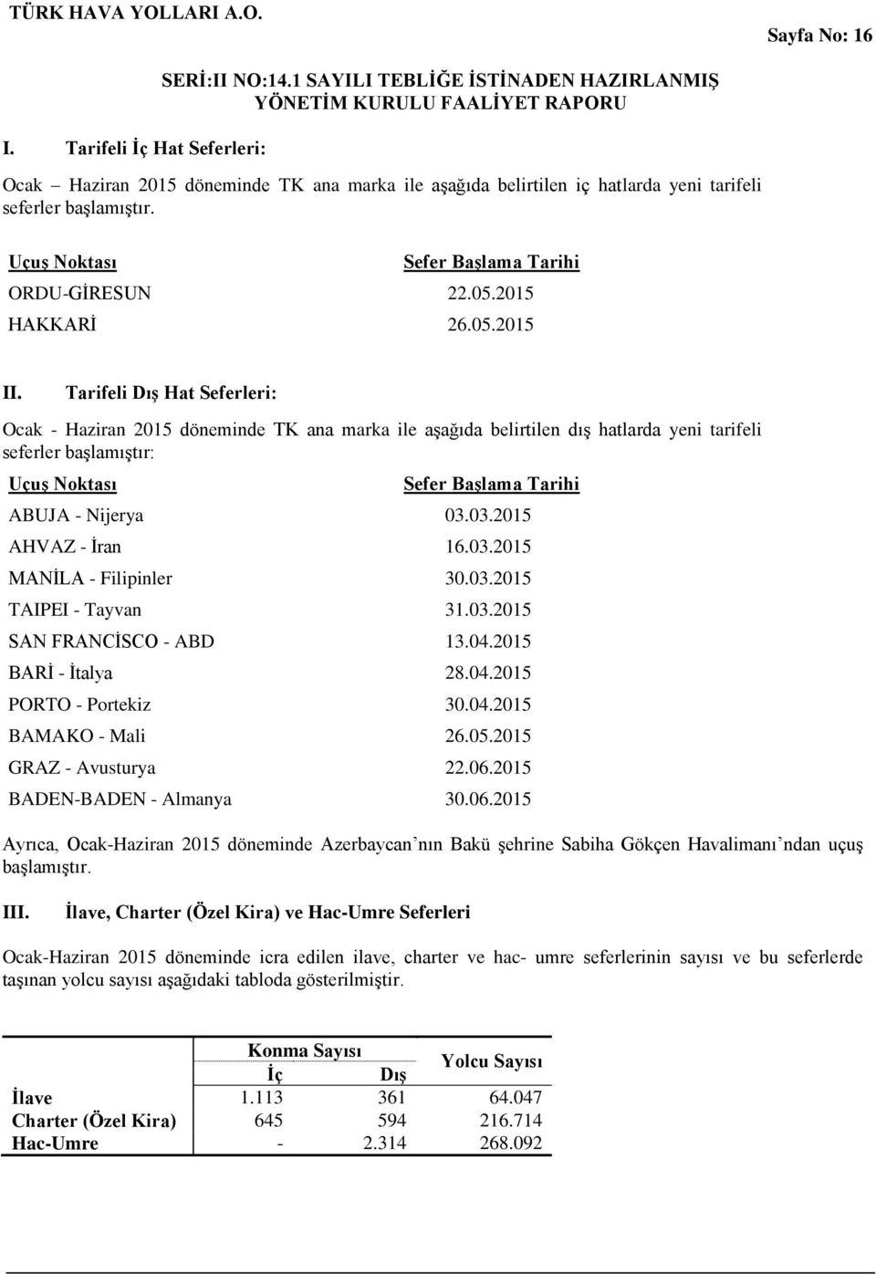 Tarifeli Dış Hat Seferleri: Ocak - Haziran 2015 döneminde TK ana marka ile aşağıda belirtilen dış hatlarda yeni tarifeli seferler başlamıştır: Uçuş Noktası Sefer Başlama Tarihi ABUJA - Nijerya 03.