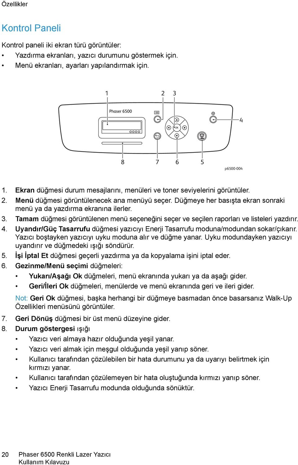 Tamam düğmesi görüntülenen menü seçeneğini seçer ve seçilen raporları ve listeleri yazdırır. 4. Uyandır/Güç Tasarrufu düğmesi yazıcıyı Enerji Tasarrufu moduna/modundan sokar/çıkarır.