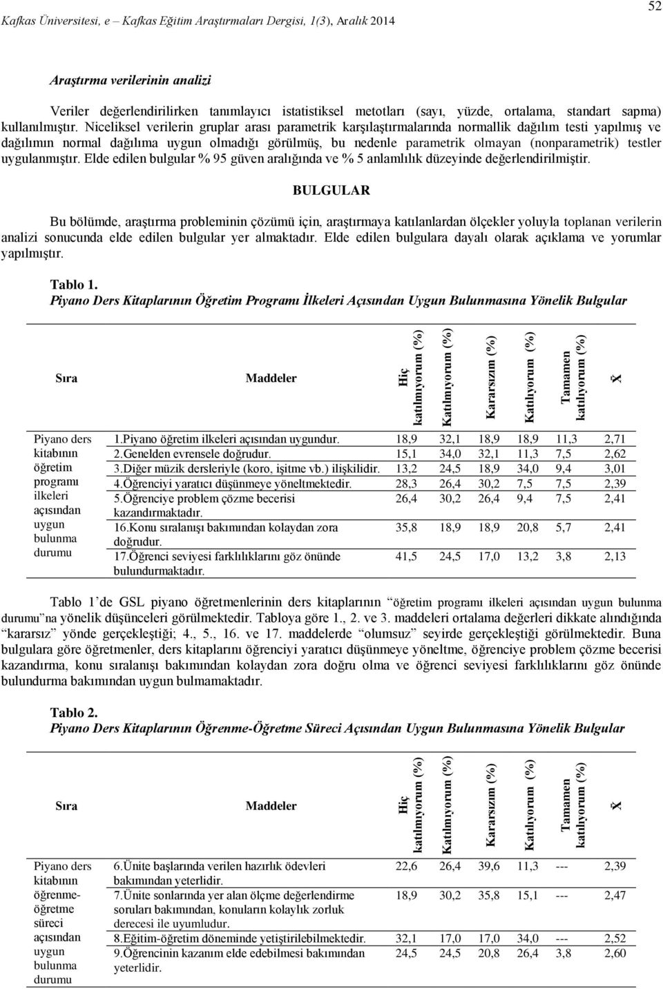 testler uygulanmıştır. Elde edilen bulgular % 95 güven aralığında ve % 5 anlamlılık düzeyinde değerlendirilmiştir.