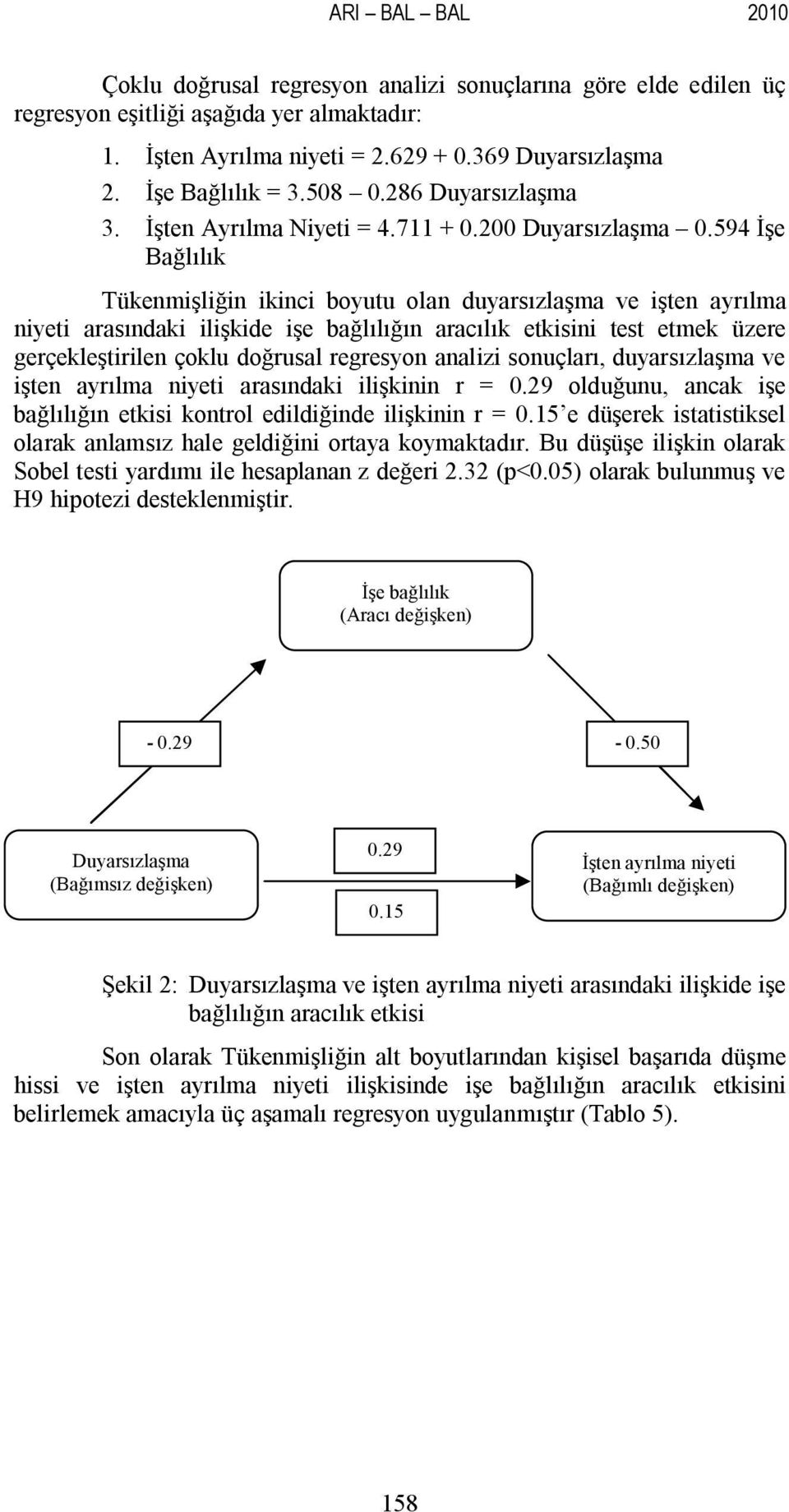 594 İşe Bağlılık Tükenmişliğin ikinci boyutu olan duyarsızlaşma ve işten ayrılma niyeti arasındaki ilişkide işe bağlılığın aracılık etkisini test etmek üzere gerçekleştirilen çoklu doğrusal regresyon