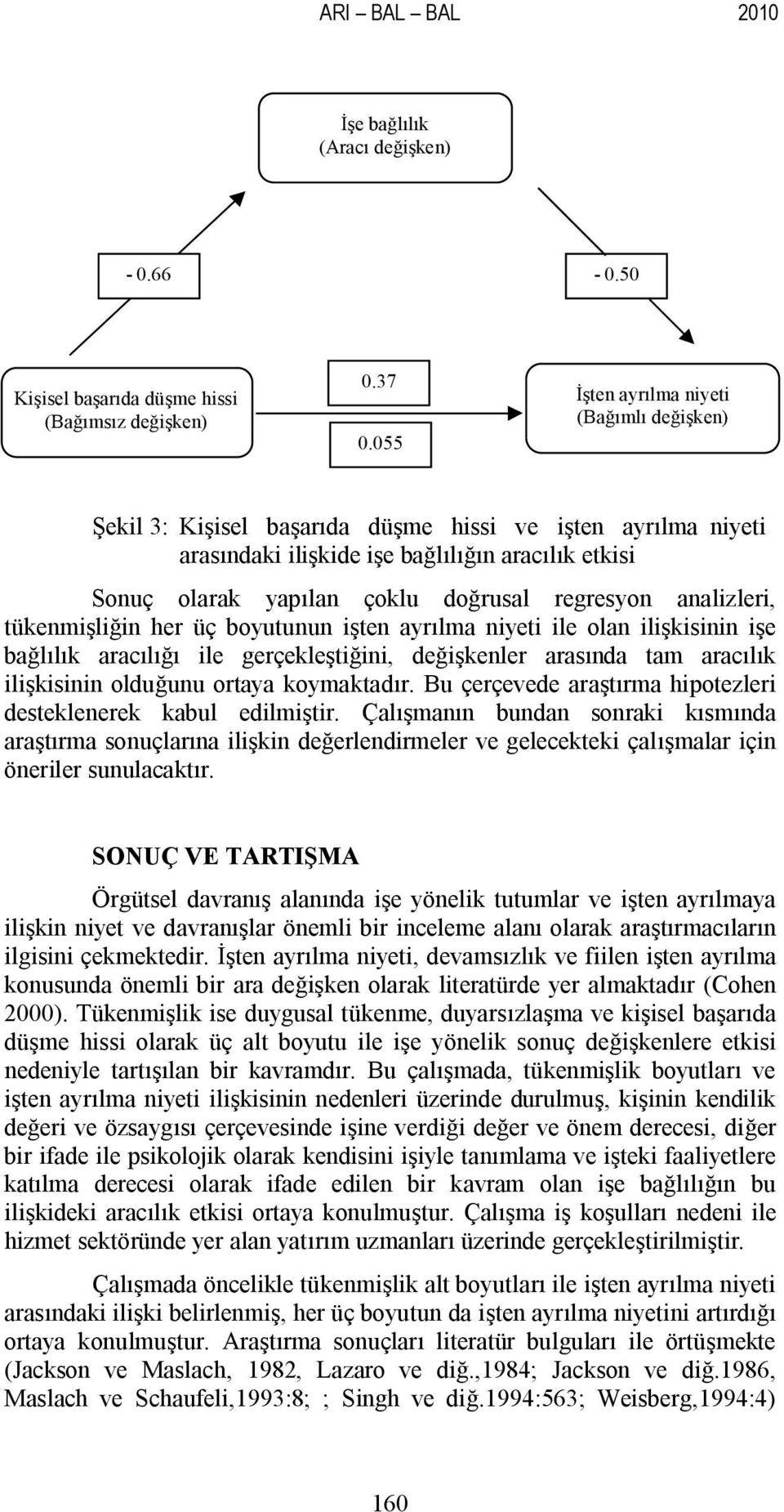 regresyon analizleri, tükenmişliğin her üç boyutunun işten ayrılma niyeti ile olan ilişkisinin işe bağlılık aracılığı ile gerçekleştiğini, değişkenler arasında tam aracılık ilişkisinin olduğunu