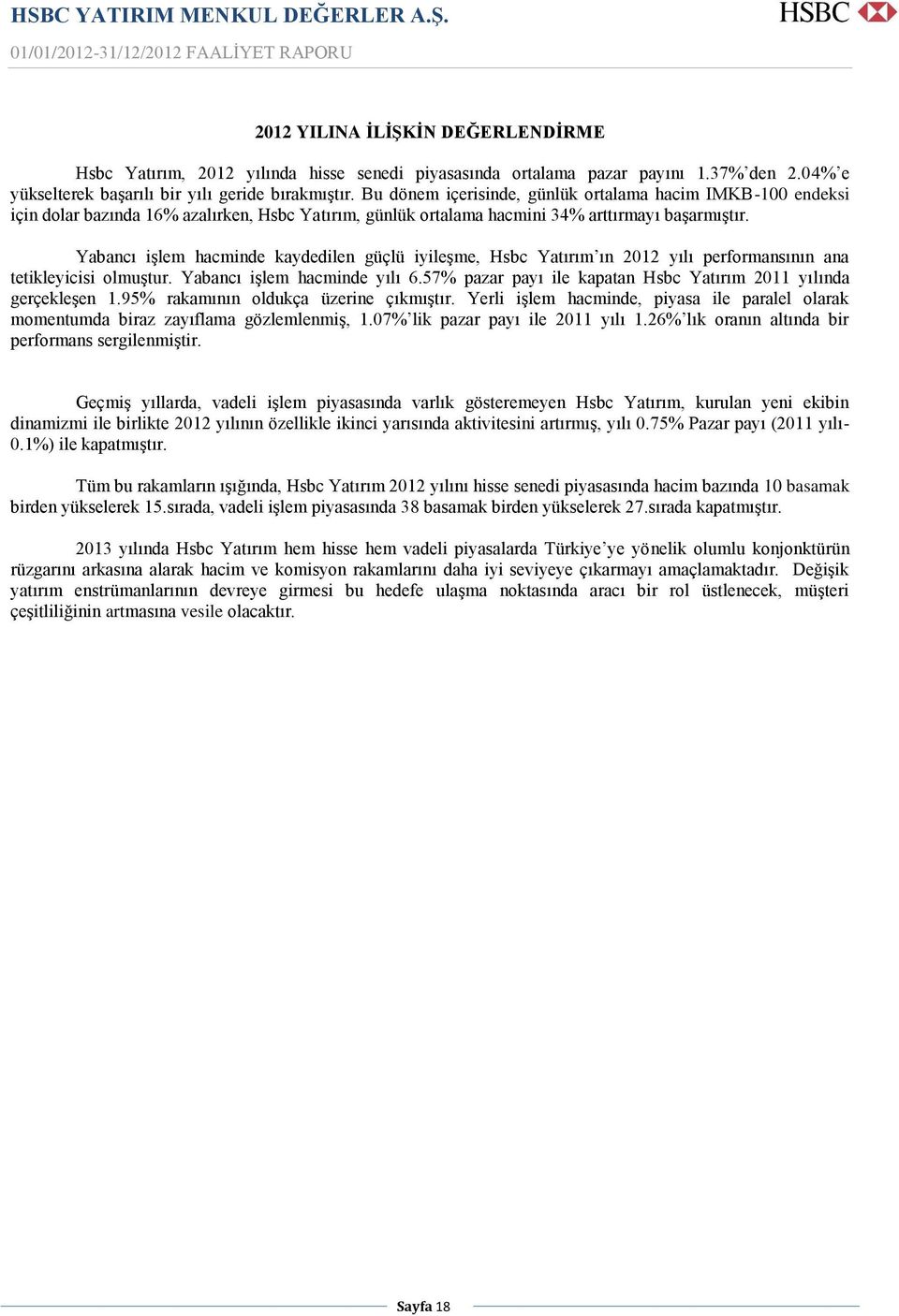 Yabancı işlem hacminde kaydedilen güçlü iyileşme, Hsbc Yatırım ın 2012 yılı performansının ana tetikleyicisi olmuştur. Yabancı işlem hacminde yılı 6.