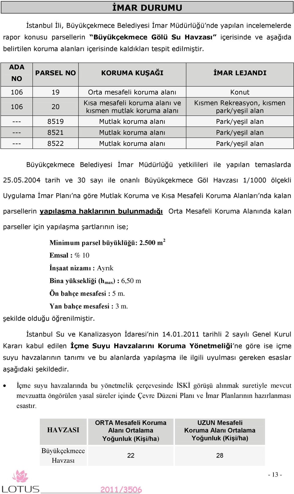 ADA NO PARSEL NO KORUMA KUġAĞI ĠMAR LEJANDI 106 19 Orta mesafeli koruma alanı Konut 106 20 Kısa mesafeli koruma alanı ve kısmen mutlak koruma alanı Kısmen Rekreasyon, kısmen park/yeşil alan --- 8519