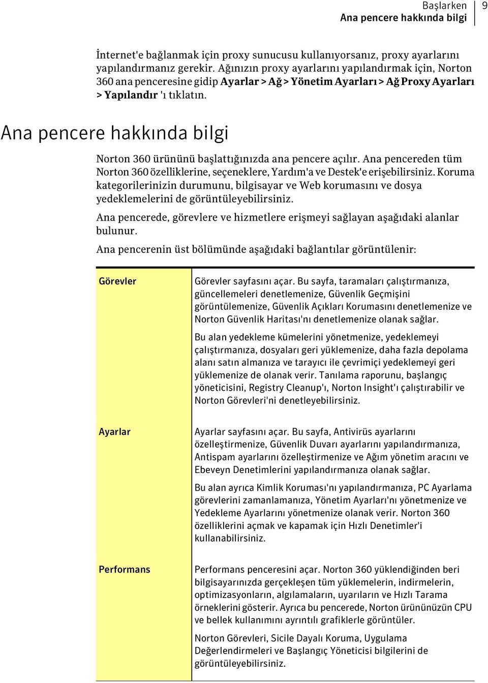 Ana pencere hakkında bilgi Norton 360 ürününü başlattığınızda ana pencere açılır. Ana pencereden tüm Norton 360 özelliklerine, seçeneklere, Yardım'a ve Destek'e erişebilirsiniz.