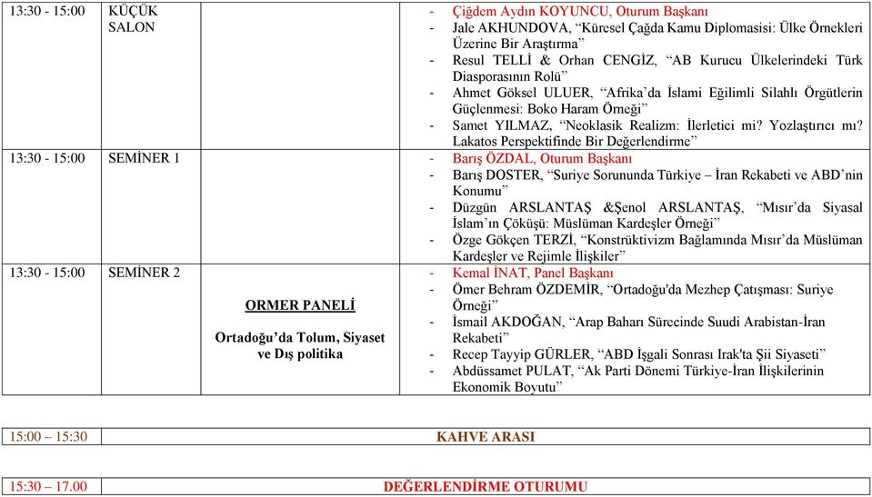 Lakatos Perspektifinde Bir Değerlendirme 13:30-15:00 SEMİNER 1 - Barış ÖZDAL, Oturum Başkanı - Barış DOSTER, Suriye Sorununda Türkiye İran Rekabeti ve ABD nin Konumu - Düzgün ARSLANTAŞ &Şenol