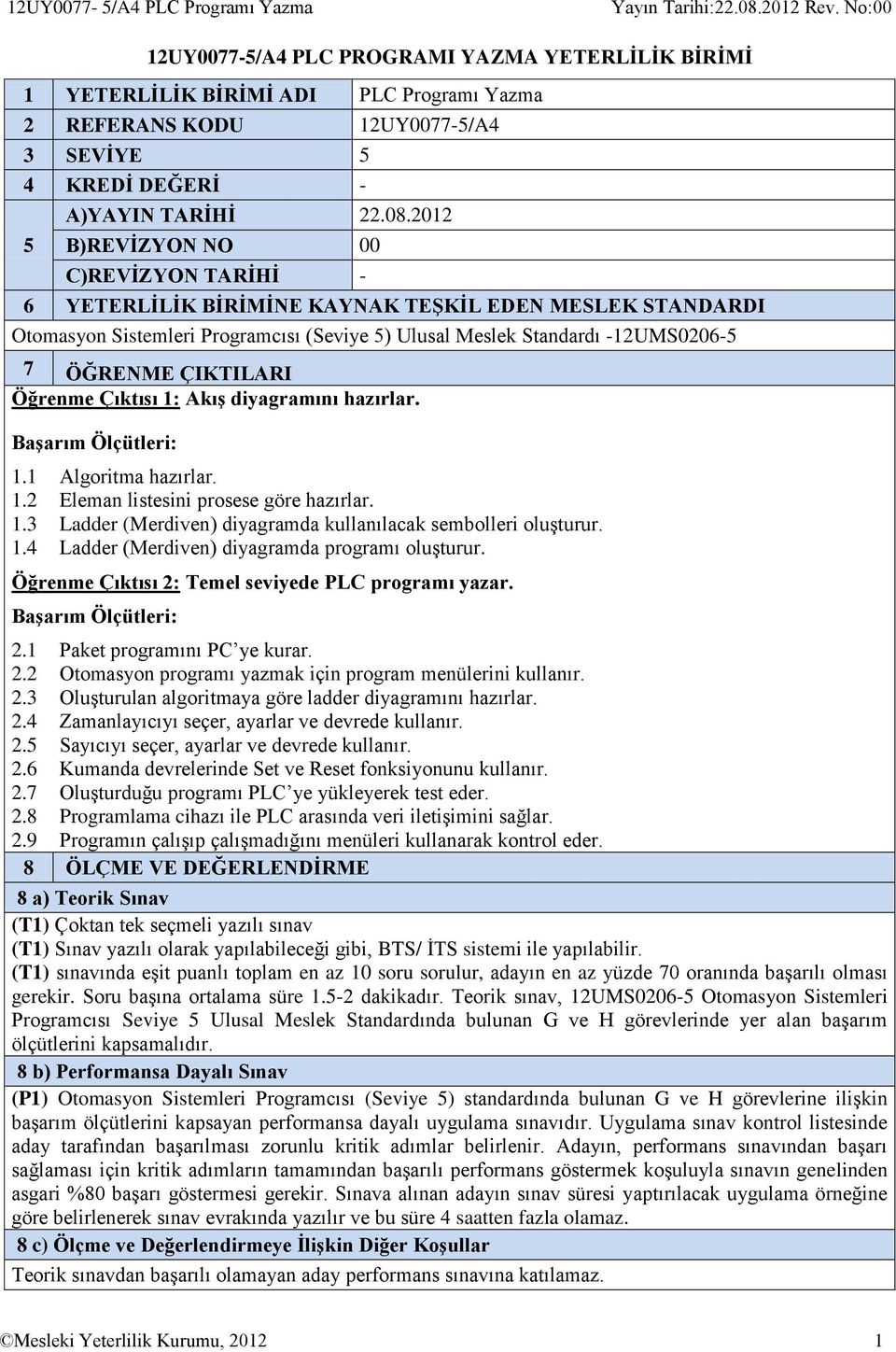 2012 B)REVİZYON NO 00 C)REVİZYON TARİHİ - 6 YETERLİLİK BİRİMİNE KAYNAK TEŞKİL EDEN MESLEK STANDARDI Otomasyon Sistemleri Programcısı (Seviye 5) Ulusal Meslek Standardı -12UMS0206-5 7 ÖĞRENME