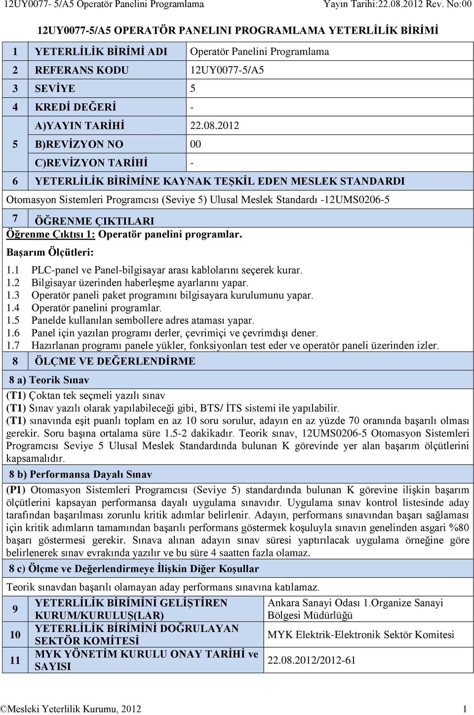 2012 B)REVİZYON NO 00 C)REVİZYON TARİHİ - 6 YETERLİLİK BİRİMİNE KAYNAK TEŞKİL EDEN MESLEK STANDARDI Otomasyon Sistemleri Programcısı (Seviye 5) Ulusal Meslek Standardı -12UMS0206-5 7 ÖĞRENME